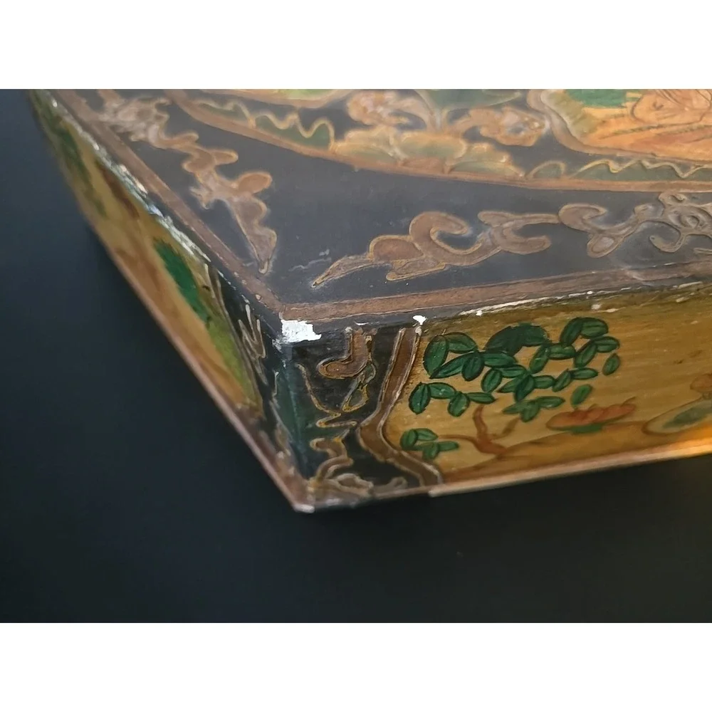 Antique Large Hexagonal Wooden Box Asian Hand Painted 6 Inside Compartments Rare